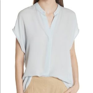 Vince Silk Split-back Short-sleeve Popover Top, Ice Blue (NWT-New with tags)